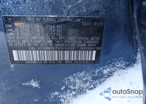 2022 Subaru Legacy Premium z USA, uszkodzony, nr VIN 4S3BWAD67N3014558